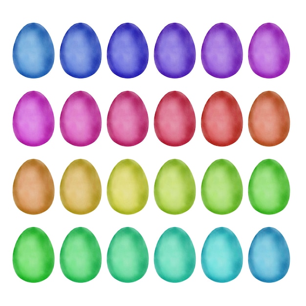 Big watercolor set of easter eggs isolated on white Multicolour hand drawn egg