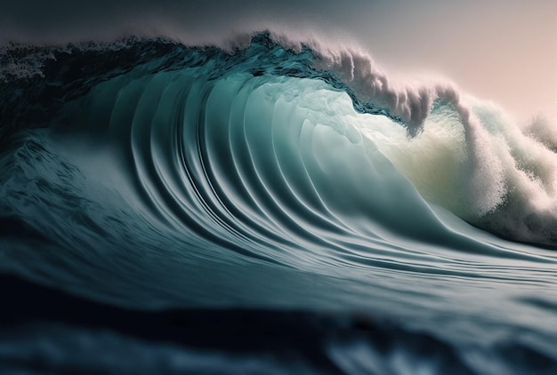 Большая волна разбивается о горизонт в океане на закате Сюрреалистичная фоновая иллюстрация Генеративный AIjpg
