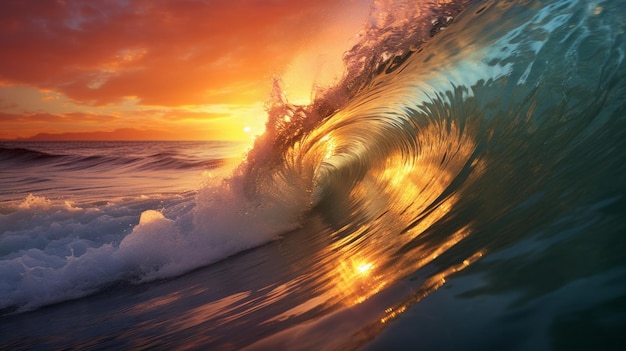 Big wave is crashing into a beautiful sunset inside the waves view