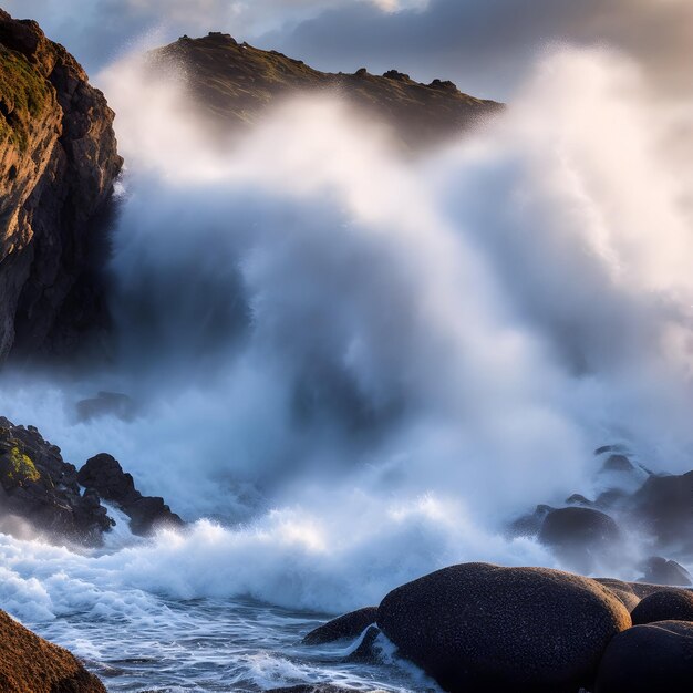 Фото Большая волна воды проходит сквозь все, что проходит, создавая мощный всплеск пены.
