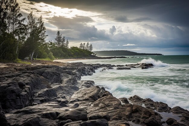 Of big waves along the sunshine coast under dark cloudy skies in queensland