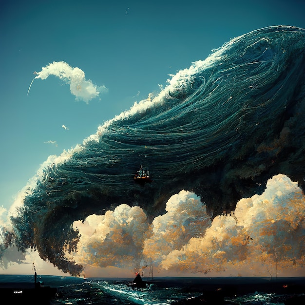 big waves in the sky with pirate ship