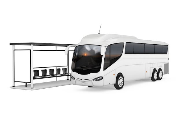 Big White Coach Tour Bus near Bus Station on a white background. 3d Rendering