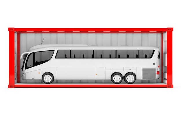 Big White Coach Tour Bus in Red Shipping Container with Removed Side Wall on a white background. 3d Rendering.