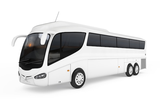 흰색 바탕에 당신의 디자인을 위한 빈 표면이 있는 큰 흰색 코치 투어 버스. 3d 렌더링