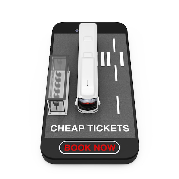 Big White Coach Tour Bus with Bus Station over Mobile Phone with Cheap Tickets Sign and Book Now Button on a white background. 3d Rendering