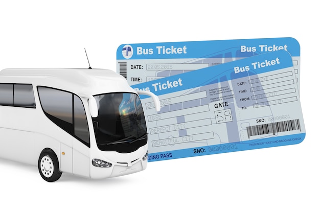 Big White Coach Tour Bus with Bus Tickets on a white background. 3d Rendering