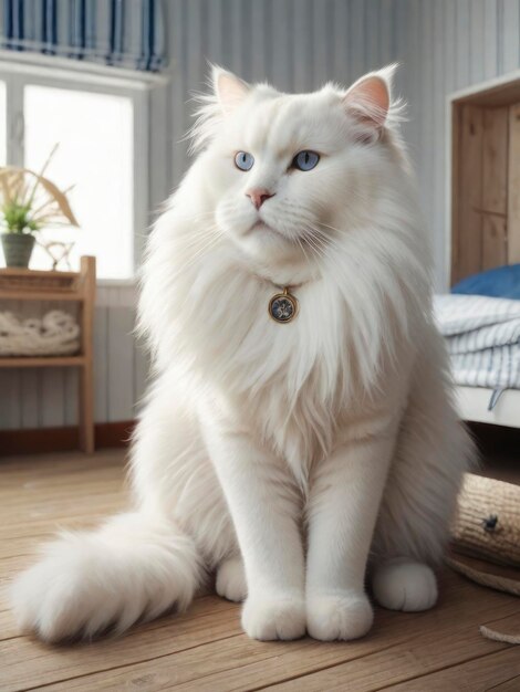 Фото Большая белая пушистая кошка в комнате в морском стиле
