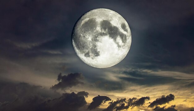 Big white glowing moon with craters Black sky with clouds