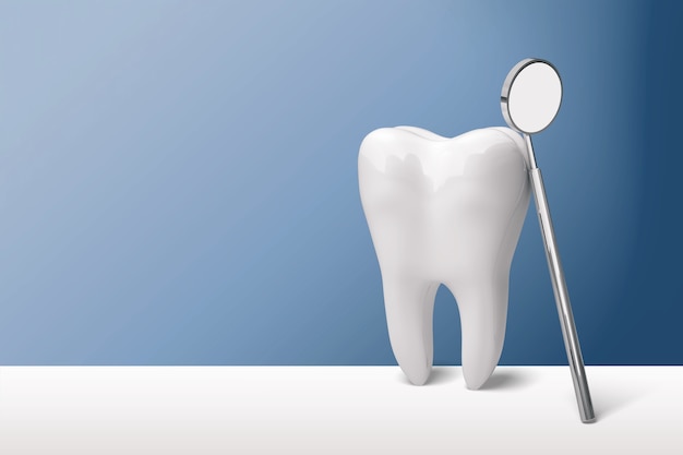 Big white human tooth and dentist mirror on desk with gradient background. Toys for dentist