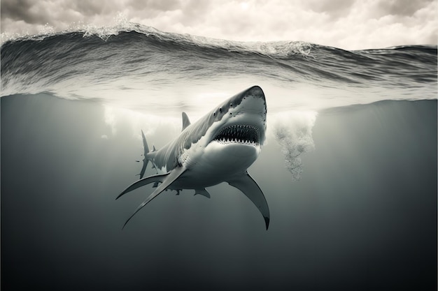 A big white shark in 3D rendered artwork in the sea under the water Generative Ai