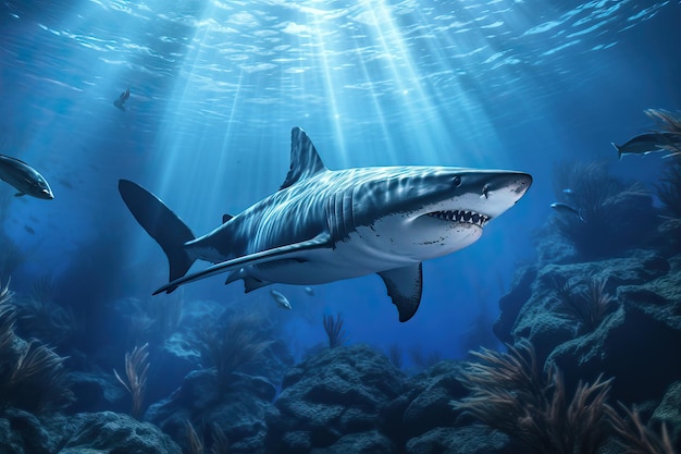 Большая белая акула в океане в солнечных лучах