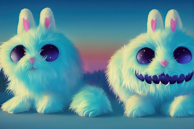 Big white snout fangs bright and colorful fluffy toy monster
rabbit ears plump cute and adorable plush monster with big ears 3d
illustration digital art style illustration painting