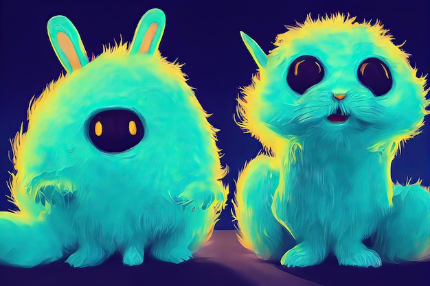 Big white snout fangs bright and colorful fluffy toy monster\
rabbit ears plump cute and adorable plush monster with big ears 3d\
illustration digital art style illustration painting