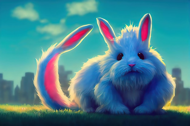 Big white snout fangs bright and colorful fluffy toy monster\
rabbit ears plump cute and adorable plush monster with big ears 3d\
illustration digital art style illustration painting
