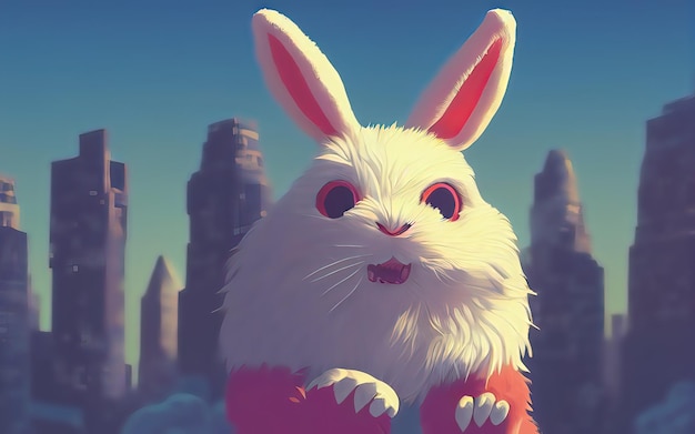 Big white snout fangs bright and colorful fluffy toy monster
rabbit ears plump cute and adorable plush monster with big ears 3d
illustration digital art style illustration painting