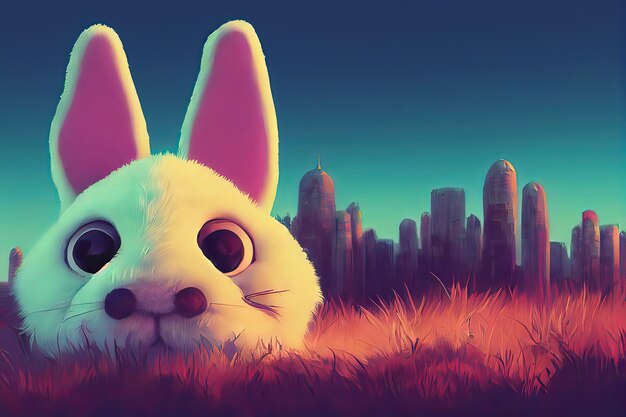 Big white snout fangs bright and colorful fluffy toy monster\
rabbit ears plump cute and adorable plush monster with big ears 3d\
illustration digital art style illustration painting