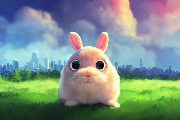 Big white snout fangs bright and colorful fluffy toy monster\
rabbit ears plump cute and adorable plush monster with big ears 3d\
illustration digital art style illustration painting