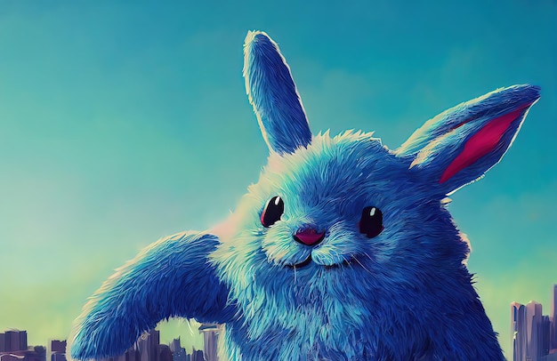 Big white snout fangs bright and colorful fluffy toy monster
rabbit ears plump cute and adorable plush monster with big ears 3d
illustration digital art style illustration painting