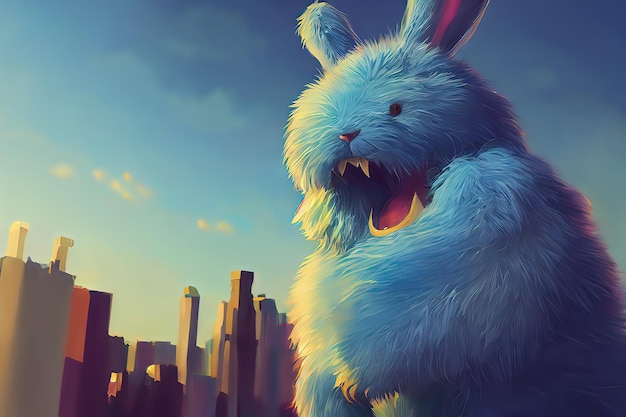 Big white snout fangs bright and colorful fluffy toy monster
rabbit ears plump cute and adorable plush monster with big ears 3d
illustration digital art style illustration painting