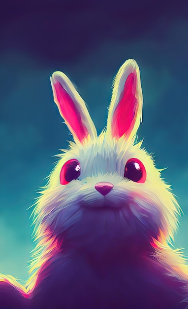 Big white snout fangs bright and colorful fluffy Toy monster rabbit Ears Plump Cute and adorable plush monster with big ears 3d illustration digital art style illustration painting