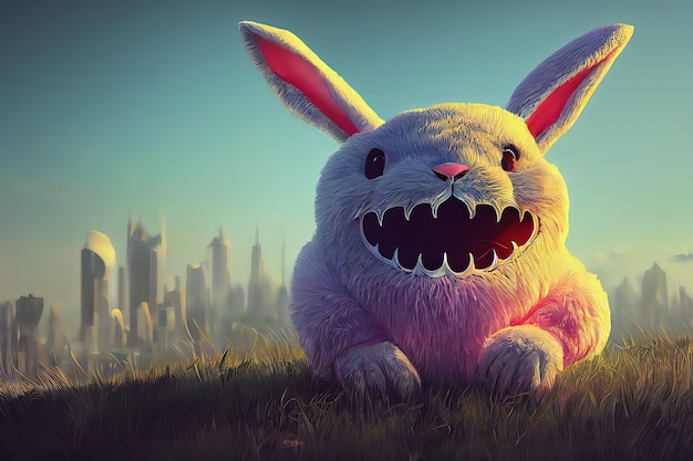 Big white snout fangs bright and colorful fluffy toy monster\
rabbit ears plump cute and adorable plush monster with big ears 3d\
illustration digital art style illustration painting