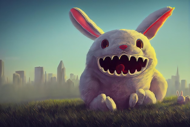 Big white snout fangs bright and colorful fluffy toy monster\
rabbit ears plump cute and adorable plush monster with big ears 3d\
illustration digital art style illustration painting