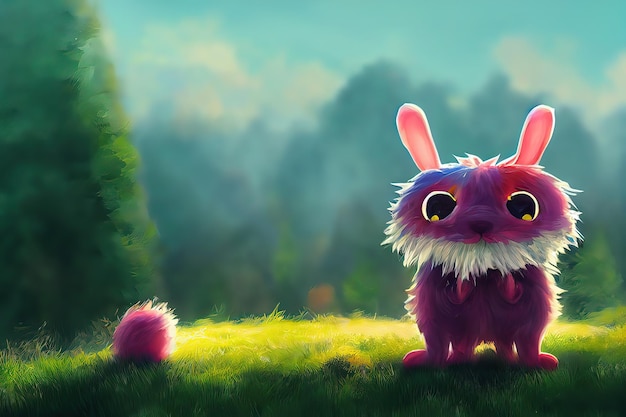 Big white snout fangs bright and colorful fluffy toy monster\
rabbit ears plump cute and adorable plush monster with big ears 3d\
illustration digital art style illustration painting