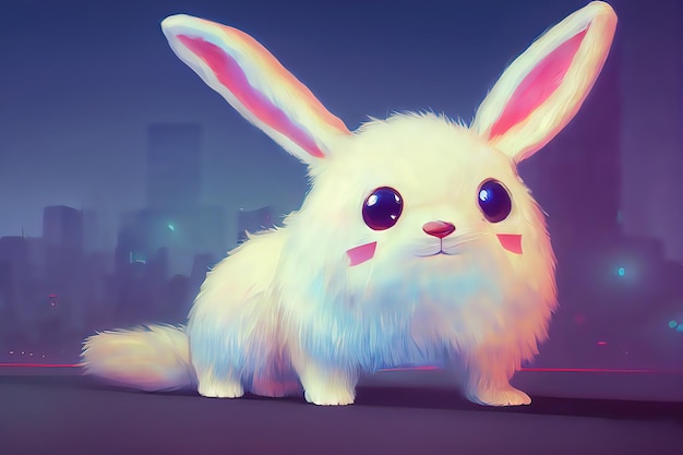 Big white snout fangs bright and colorful fluffy toy monster
rabbit ears plump cute and adorable plush monster with big ears 3d
illustration digital art style illustration painting