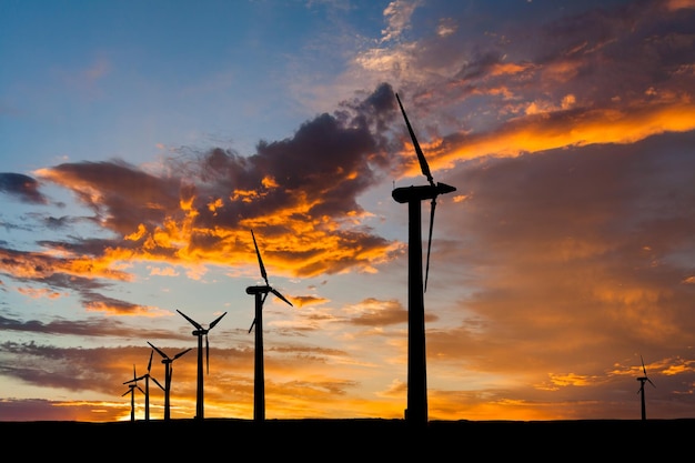 Big wind turbines in the desert at sunset background