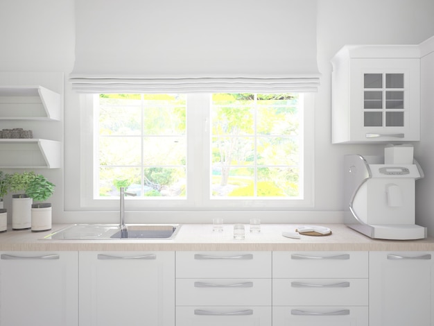 Big window with blinds white kitchen