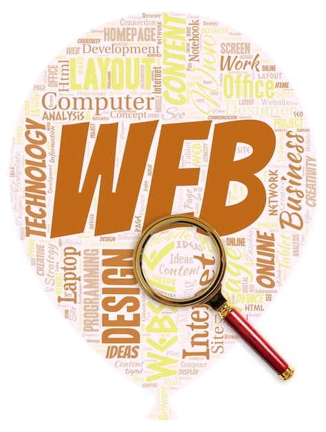 単語 WEB と虫眼鏡でバルーンの形をした大きな単語の雲特別にフォーマットされたドキュメントをサポートするインターネット サーバーのシステム