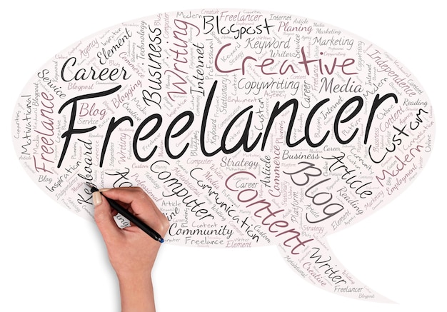 Photo big word cloud in the shape of speech bubble with hand and pen with word freelancer person who pursues a profession without a longterm commitment to any one employer