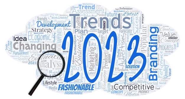 Big word cloud in the shape of UFO with magnifying glass with words Trends 2023 New Trends 2023 object of persons ambition or effort aim or desired result