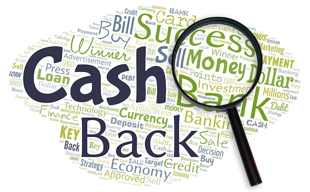 Big word cloud with words cash back with magnifying glass\
incentive offered buyers certain product whereby they receive\
cash