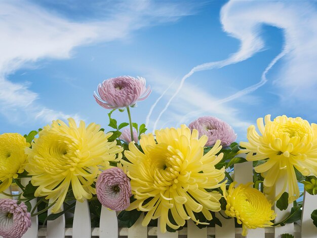 Big yellow and lilac chrysanthemums with fence with blue sky and cloud