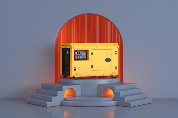 단계 3d 렌더링이 있는 스튜디오 룸의 아치 창이 있는 블루 실린더 프로모션 스탠드 연단에서 긴급 사용을 위한 큰 노란색 외부 보조 전기 발전기 디젤 장치
