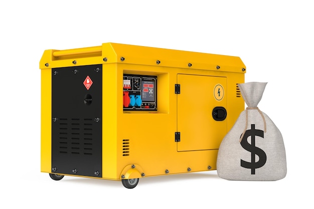 Большой желтый внешний вспомогательный электрогенератор Дизельный агрегат для аварийного использования с привязанным деревенским холщовым льняным мешком для денег или денежным мешком со знаком доллара 3d-рендеринг