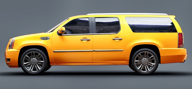 Foto grande suv premium giallo su sfondo grigio. rendering 3d.