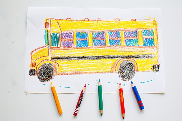 Photo big yellow school bus picking up kids 4 year old s simple scribble colorful juvenile crayon outline drawing