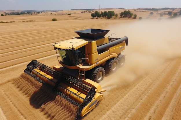 Big yellow Tractor harvests in the field in summer aerial view