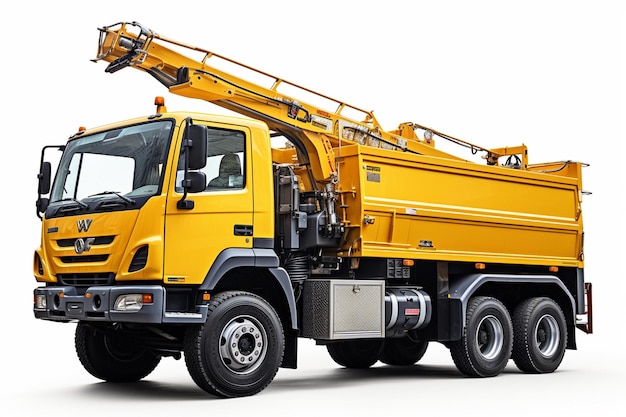 Big yellow truck with a crane on a white background with a shadow