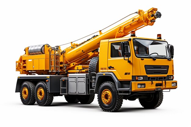 Big yellow truck with a crane on a white background with a shadow