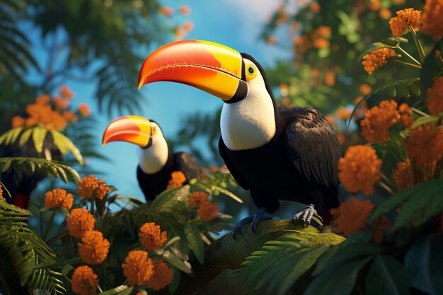 Photo bigbeaked toucans in trees