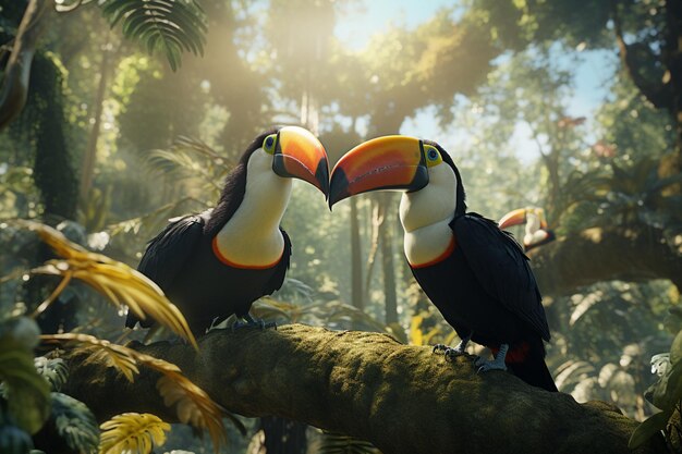 Photo bigbeaked toucans in trees