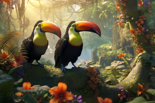 Photo bigbeaked toucans in trees