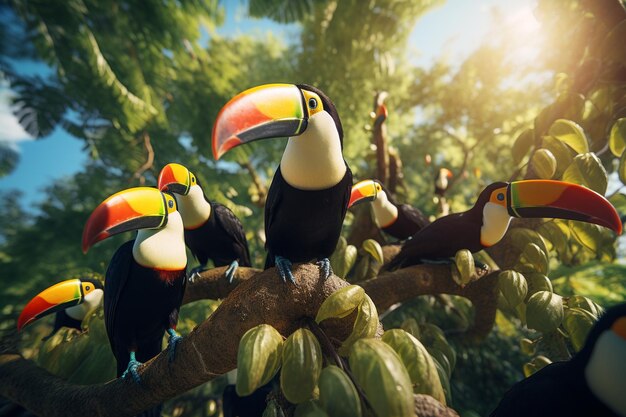 Photo bigbeaked toucans in trees