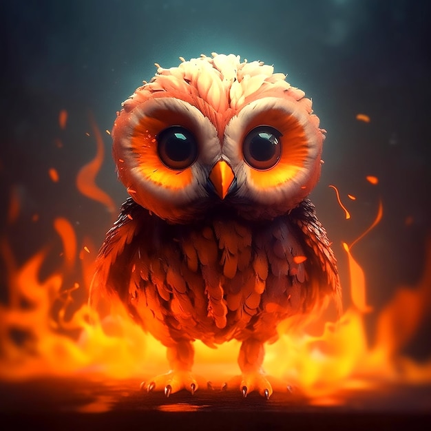 A bigeyed cute owl on a burning background