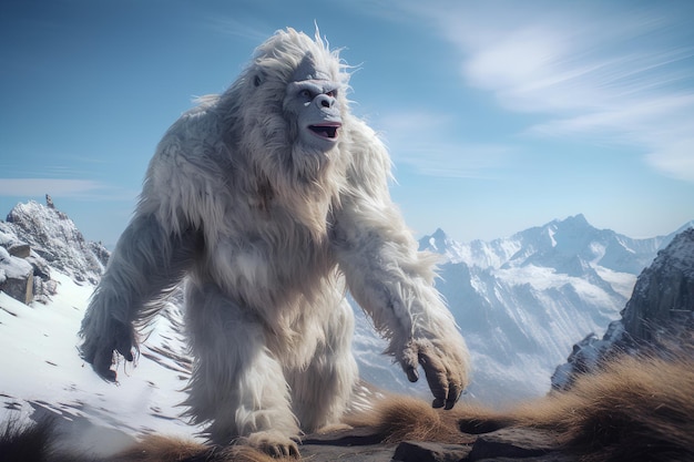 A bigfoot is standing on a mountain with mountains in the background