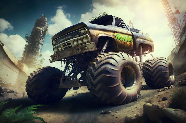 Bigfoot monster truck on wasteland junkyard Neural network generated art